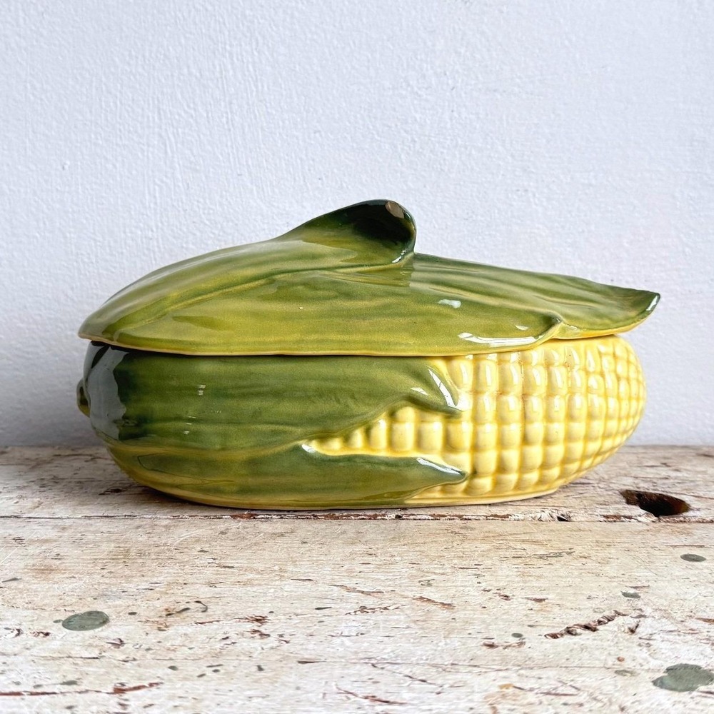 Vintage Shawnee USA Corn King Covered Dish #74 Yellow Green Corn Husk CSGC